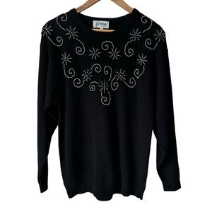 Vintage Jubiana Stylist Angora Wool Beaded Floral Black Sweater Women's Size L
